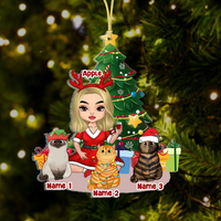 Thumbnail for Personalized Girl With Cat At Home Christmas Printed Acrylic Ornament, Gift For Cat Lover AE