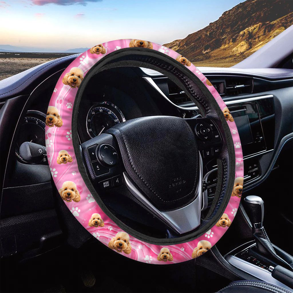 Custom Sparkling Marble Dog Cat Photo Car Steering Wheel Cover, Pet Lover Gift FC