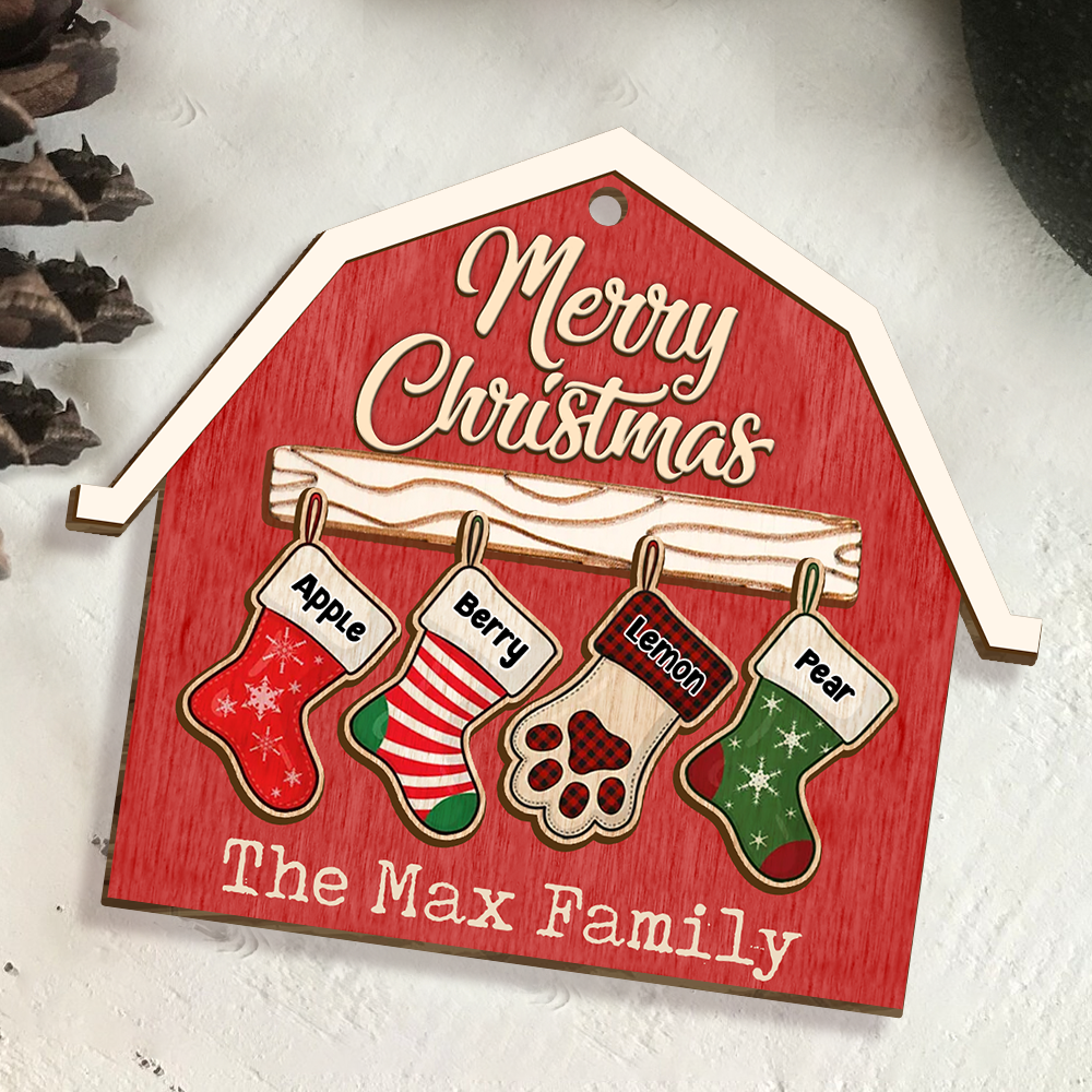 House With Christmas Stockings Family Layered Wood Ornament, Christmas Gift For Family AE