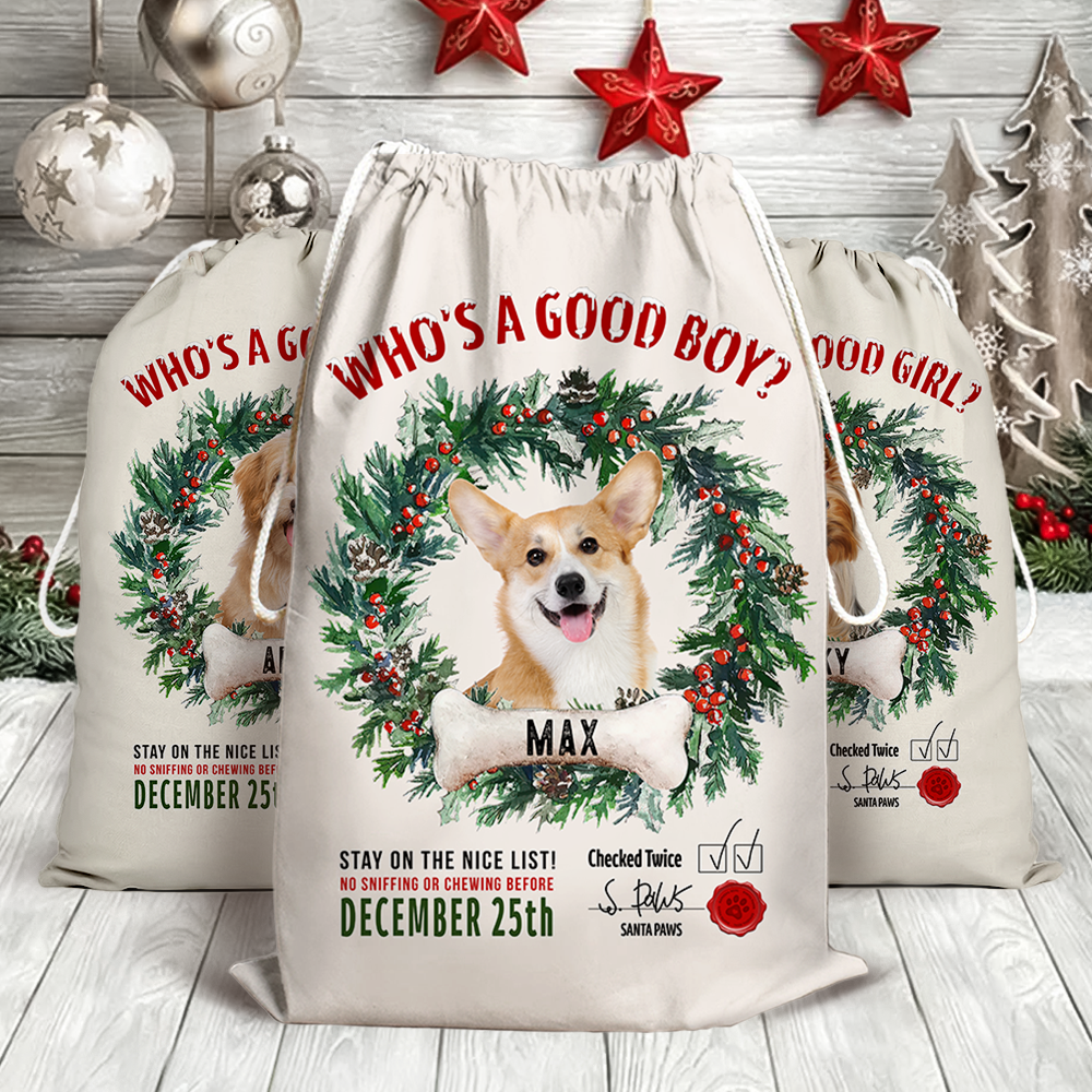 Custom Dog Photo & Bone With Wreath Christmas Bag, Christmas Gift AB