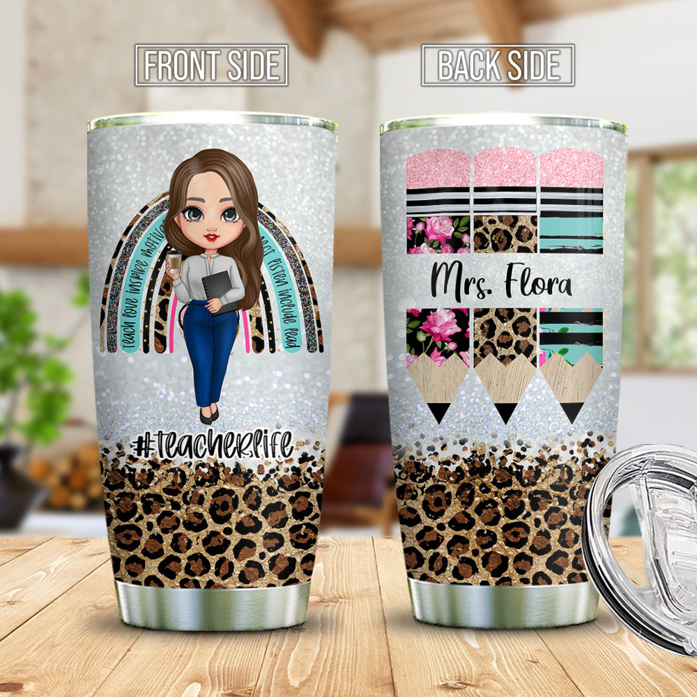 Rainbow Leopard Glitter Teacher Tumbler, Pencil Monogram Tumbler AA