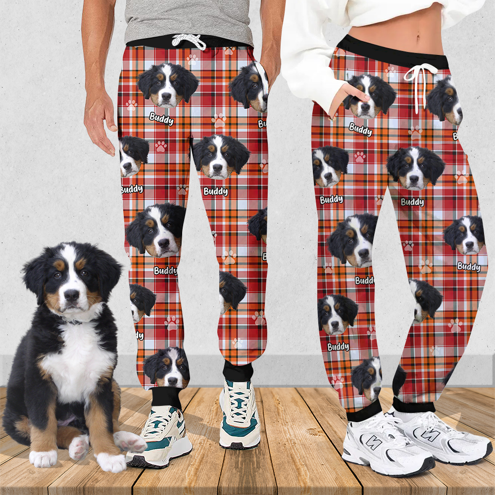 Pet Photo With Name Multicolor Buffalo Plaid Sweatpants, Custom Gift For Men and Women AB