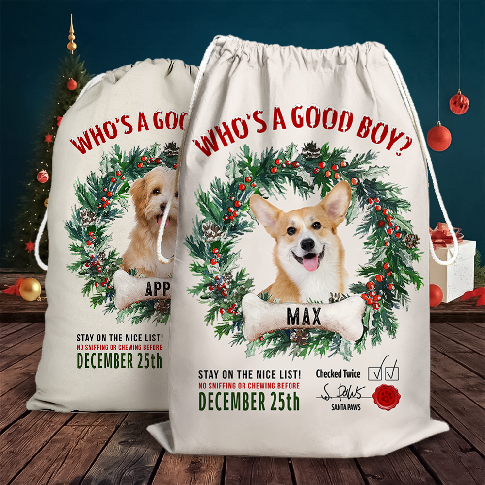 Custom Dog Photo & Bone With Wreath Christmas Bag, Christmas Gift AB