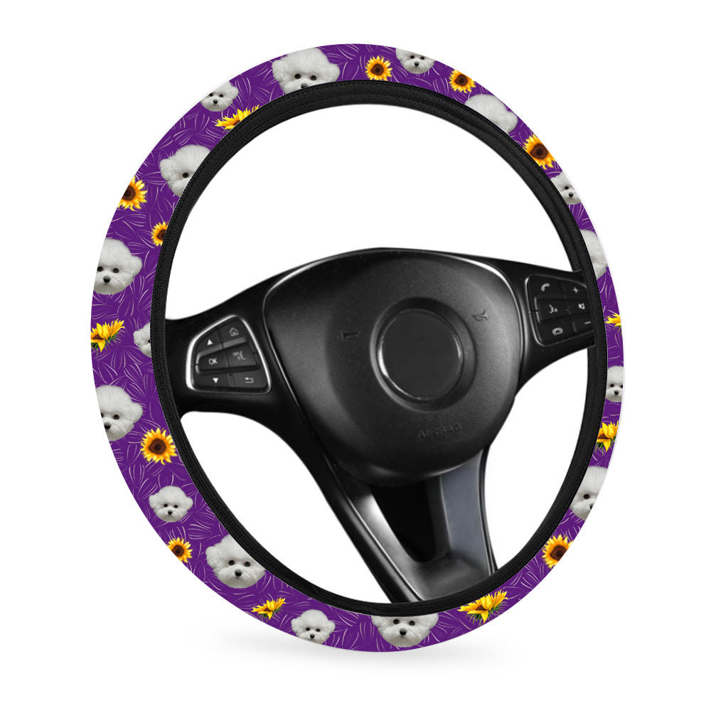 Personalized Dog Cat Face Sunflower Pattern Steering Wheel Cover, Pet Lover Gift FC