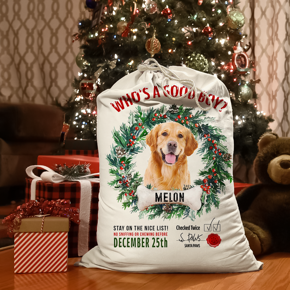 Custom Dog Photo & Bone With Wreath Christmas Bag, Christmas Gift AB