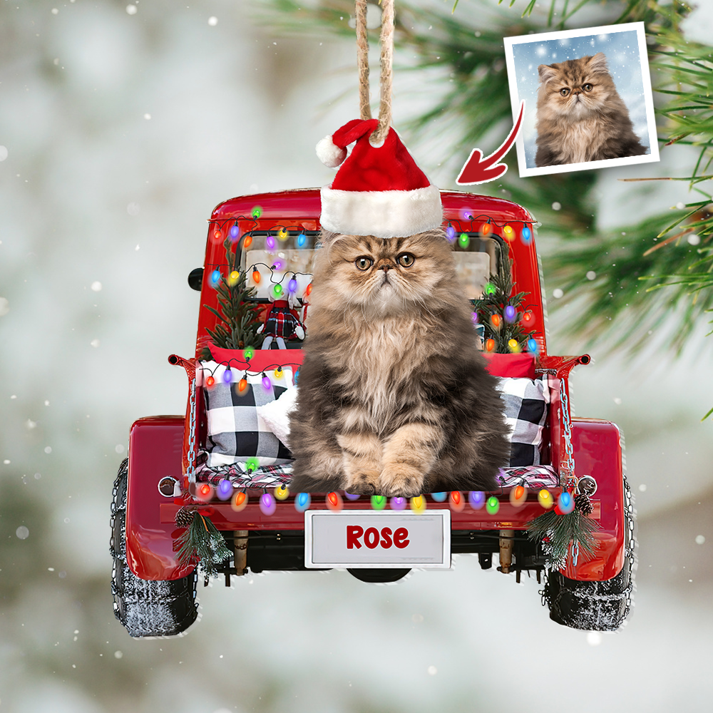 Upload Photo Dog Cat Christmas Red Truck Printed Acrylic Ornament, Customized Holiday Ornament AE