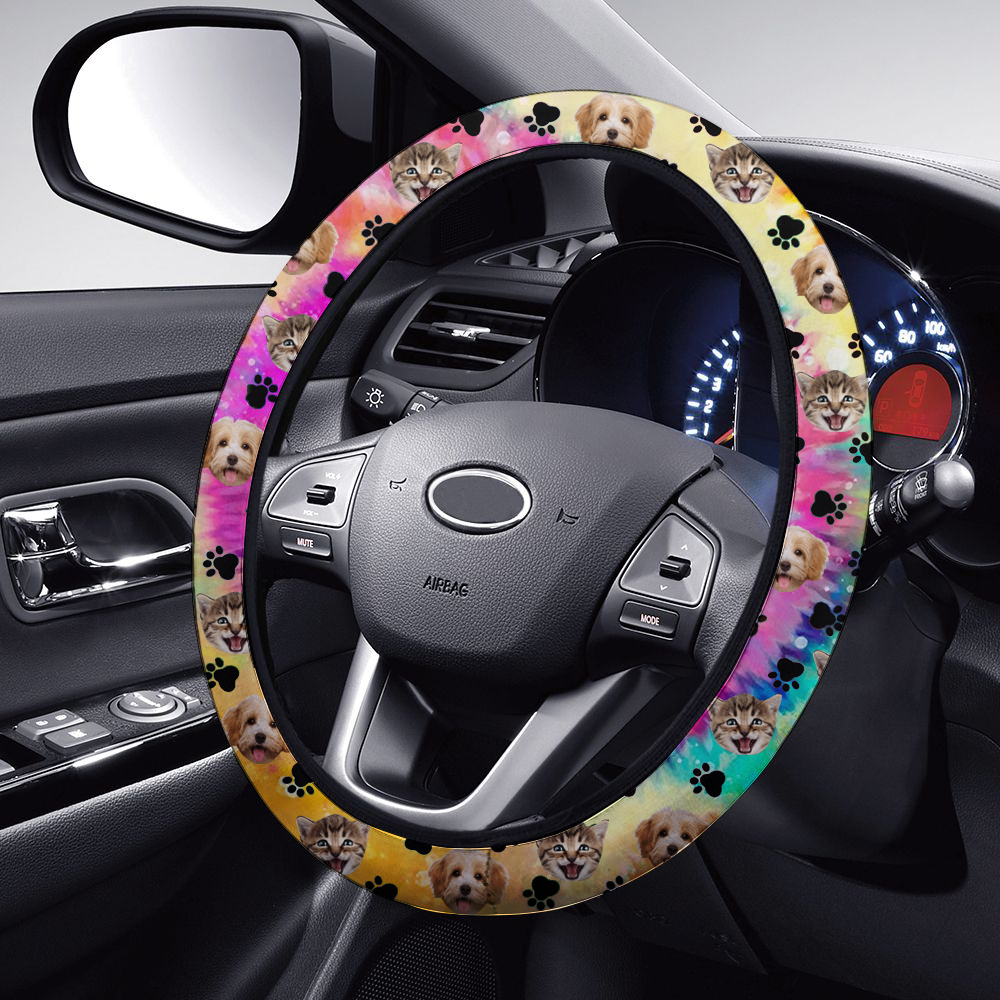 Custom Hologram Tie Dye Photo Dog Cat Car Steering Wheel Cover, Pet Lover Gift FC
