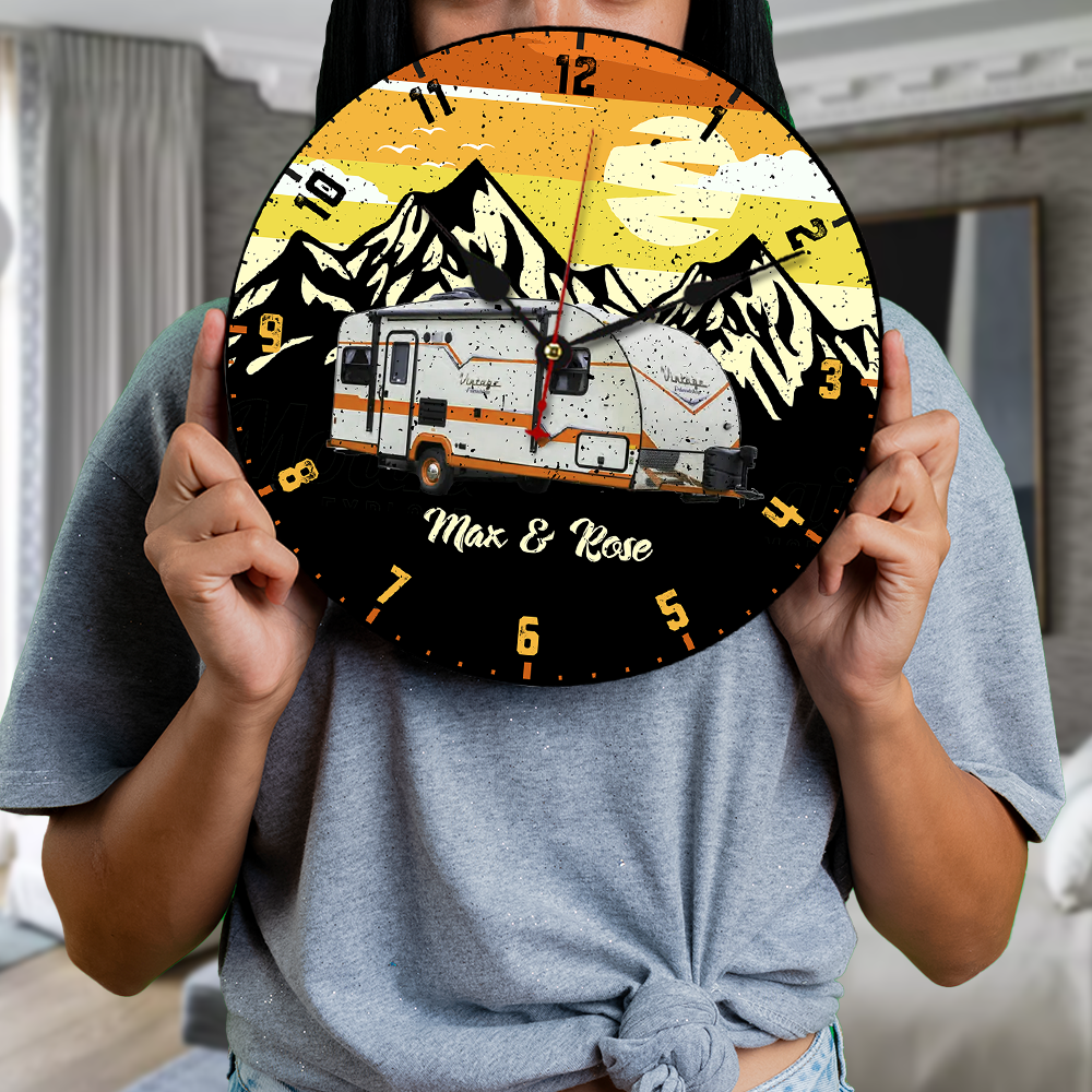 Custom Retro Vintage Mountain Camping Photo Wall Wood Clock, Gift For Camper AH