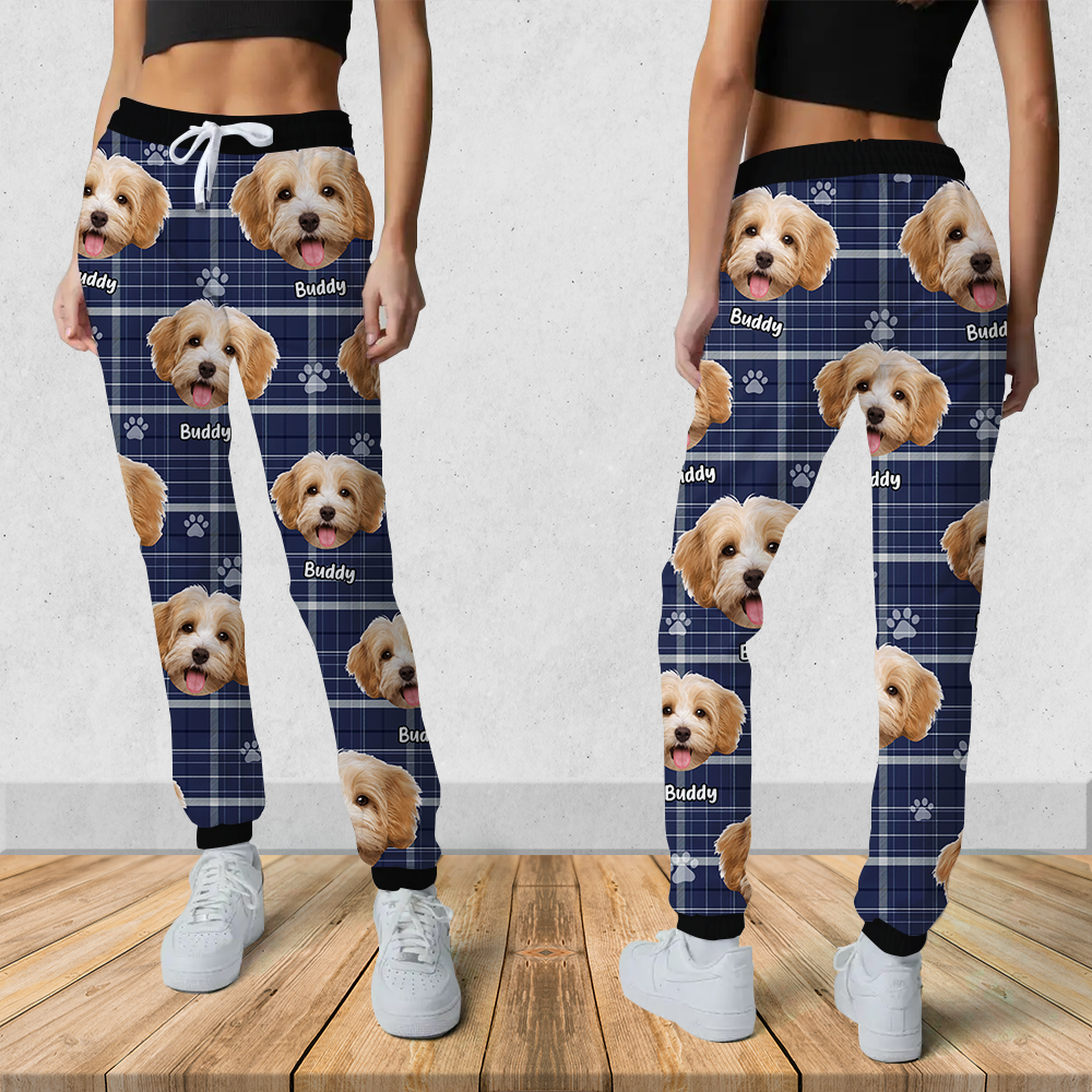 Pet Photo With Name Multicolor Buffalo Plaid Sweatpants, Custom Gift For Men and Women AB