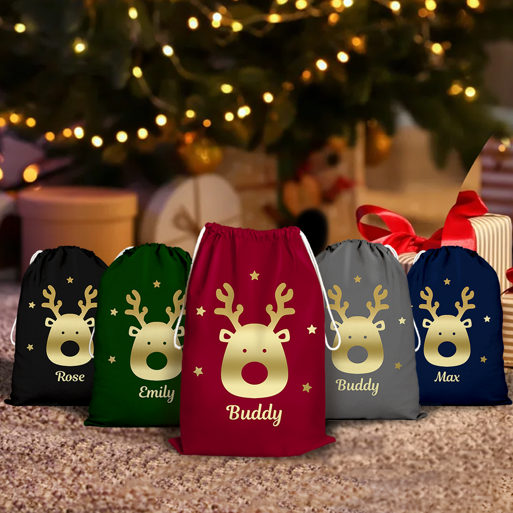 Custom Red With Reindeer Family Santa Sack, Christmas Gift AB
