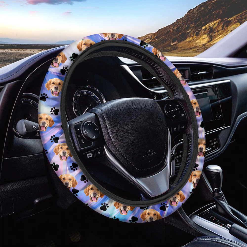 Custom Hologram Tie Dye Photo Dog Cat Car Steering Wheel Cover, Pet Lover Gift FC