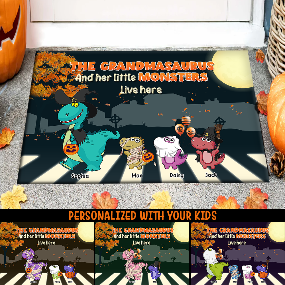 Personalized Grandma And Kids Dinosaur Halloween Doormat AB