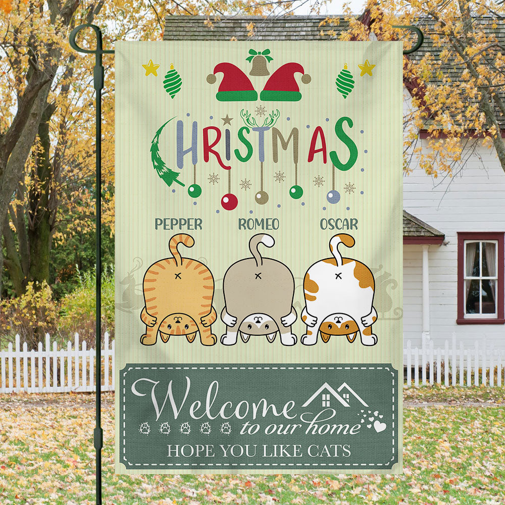 Welcome To Our Home- Personalized Christmas Garden Cat Flag AD