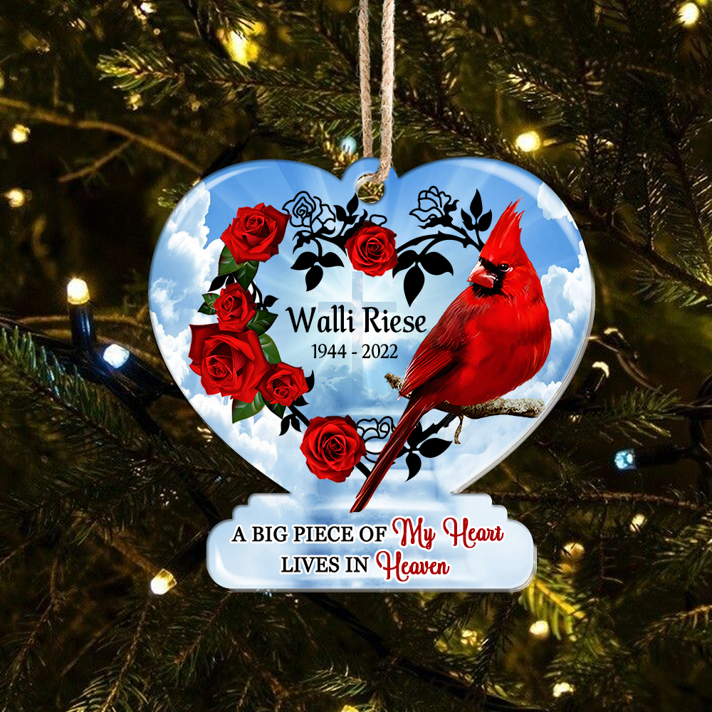 Personalized Memorial Cardinal A Big Piece Of My Heart Lives In Heaven Printed Acrylic Ornament, Holiday Gift For Family AE