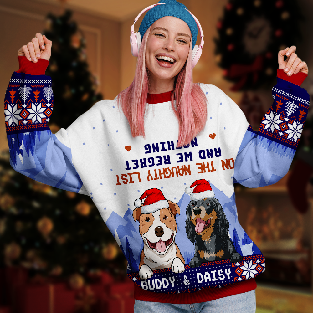 On the Naughty List Personalized Ugly Christmas Sweatshirt, Funny Xmas Gift For Dog Lovers AB
