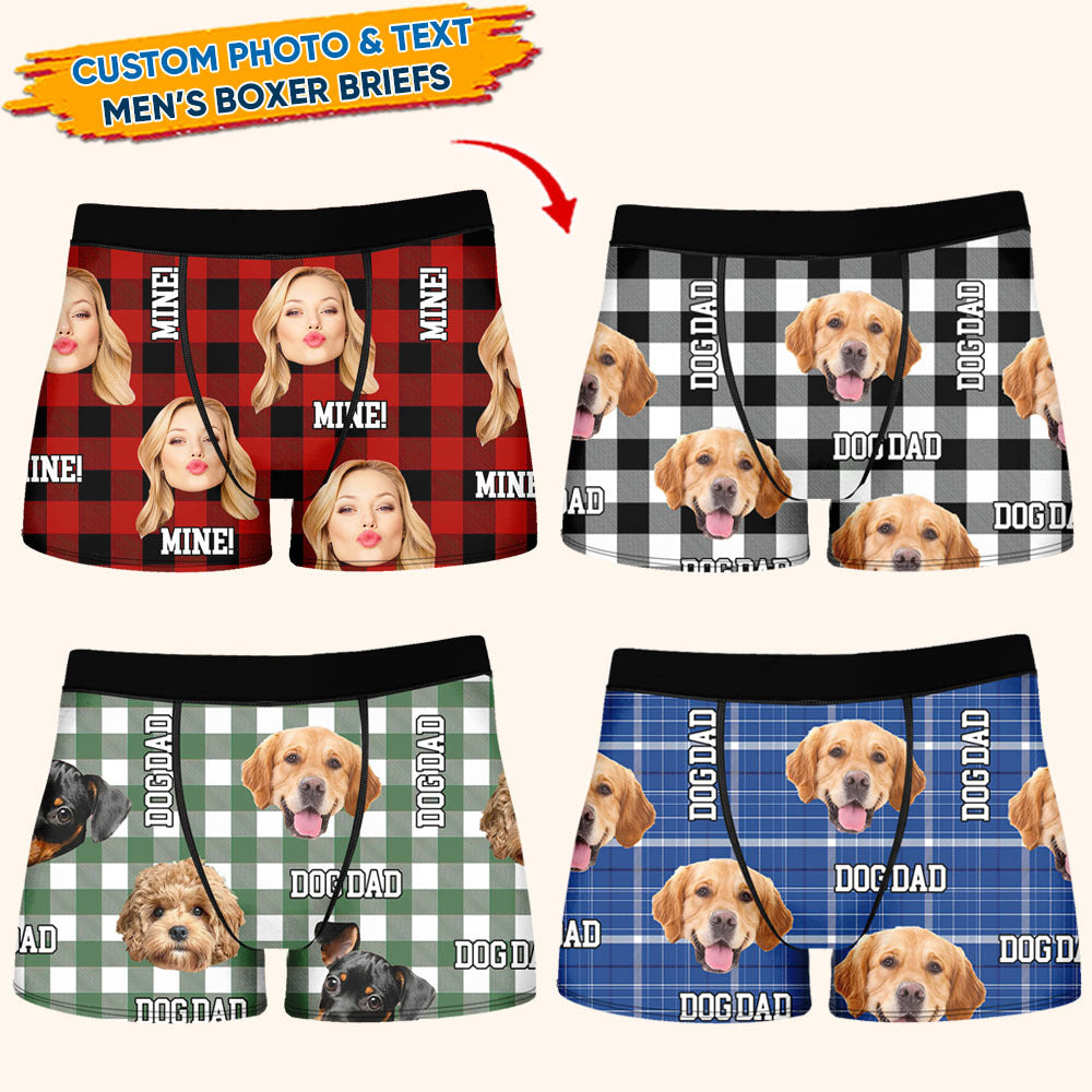 Custom Buffalo Plaid Photo Dog Cat Men's Boxer Briefs, Gift For Him AI
