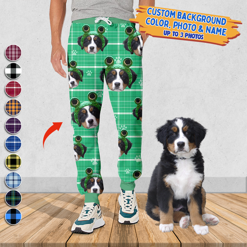 Upload Pet Photo Cute Hat Buffalo Plaid Sweatpants, Custom Gift For Men and Women AB