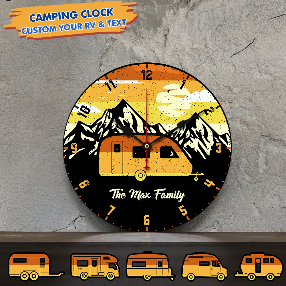 Custom Retro Vintage Mountain Camping Photo Wall Wood Clock, Gift For Camper AH