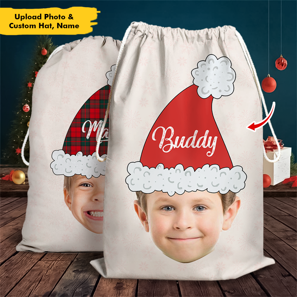 Custom Santa Hat With Name Photo Christmas Bag, Christmas Gift AB