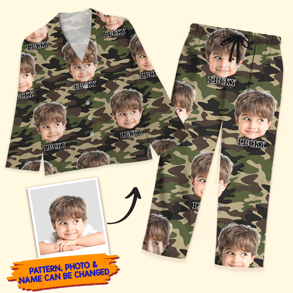 Personalized Custom Face Husband Wife Camo Hunting Pattern Pajamas Set, Funny Gift For Hunting Lover AB