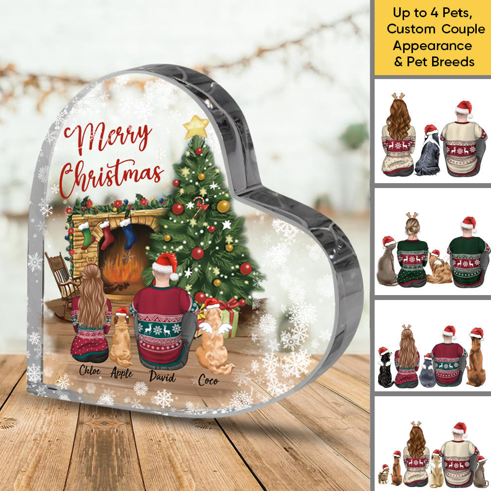 Personalized Couple & Fluffy Dog & Cat Heart Acrylic Plaque, Christmas Gift For Dog Lovers AA