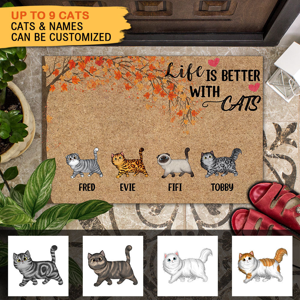 Life Is Better With Cats Falling Leaves - Personalized Cat Doormat AB