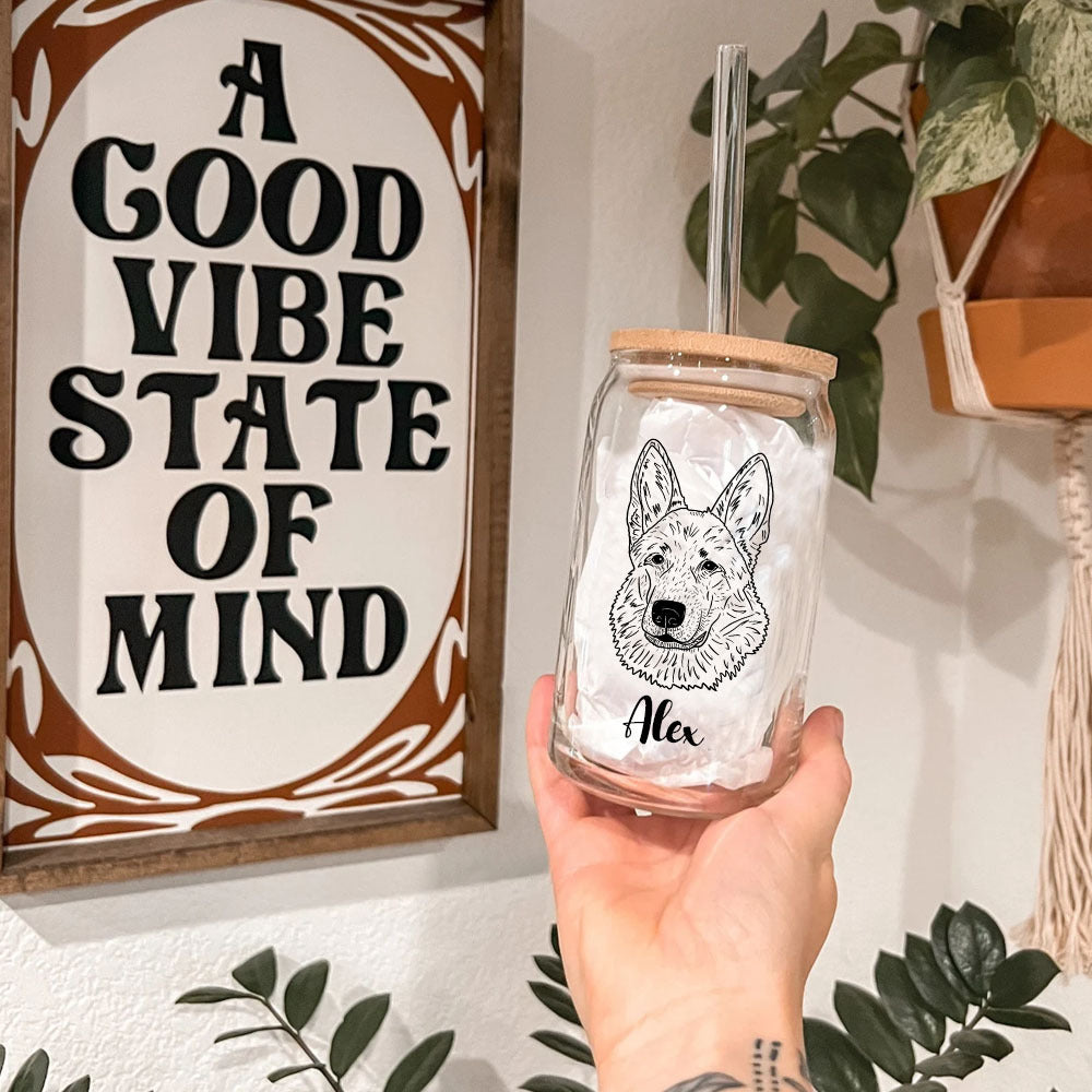 Dog Face Line Drawing Cup Iced Coffee Glass with Lid Straw YHN-THUY