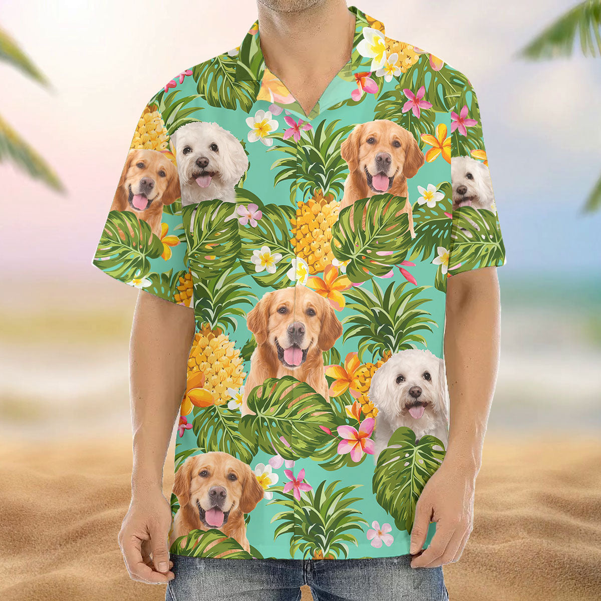 Custom Pet Face Photo Turquoise Hawaiian Shirt, Pineapple Tropical AI