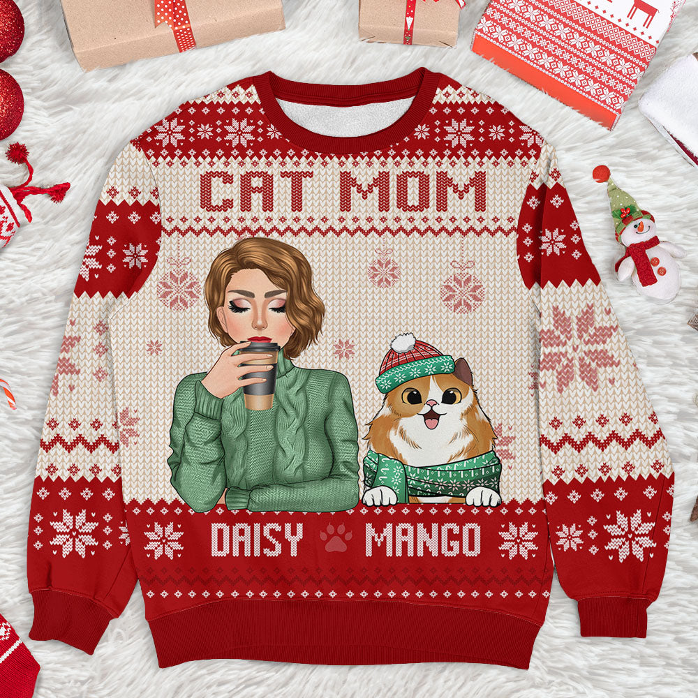 Personalized Cat Mom Ugly Christmas Sweatshirt, Christmas Gift For Cat Lovers AB