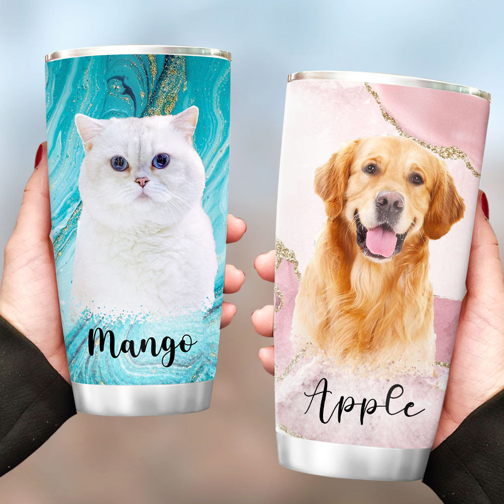 Pet Portrait Photo With Name Marble Tumbler, Pet Lover Gift, Gift For Friends AA
