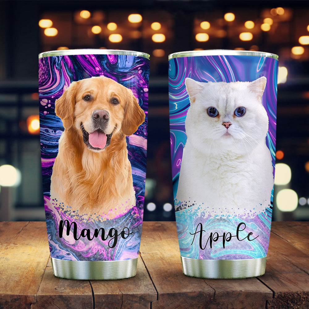 Pet Portrait Photo With Name Marble Tumbler, Pet Lover Gift, Gift For Friends AA