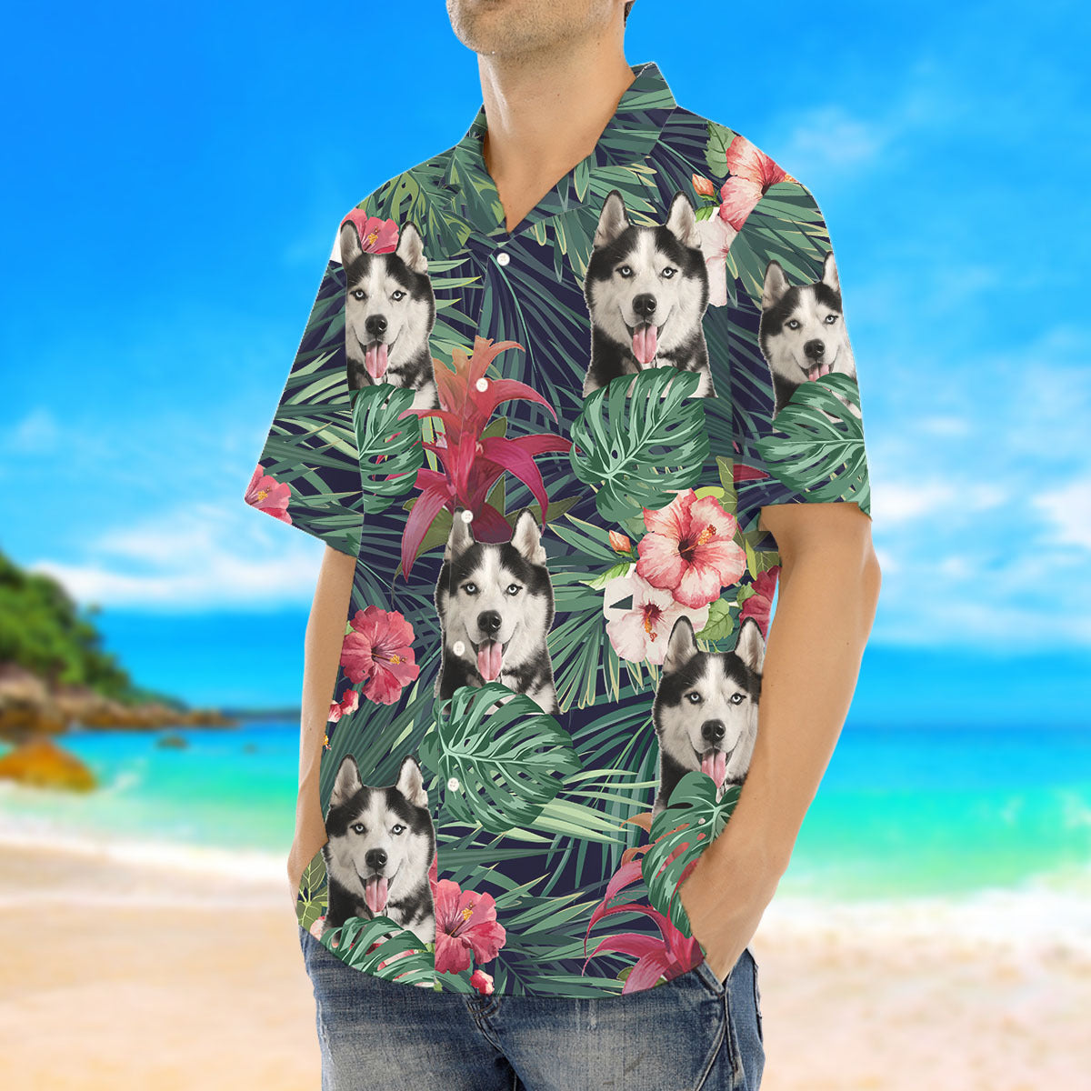 Custom Pet Face Photo Green Hawaiian Shirt, Hibiscus x Red Ginger AI