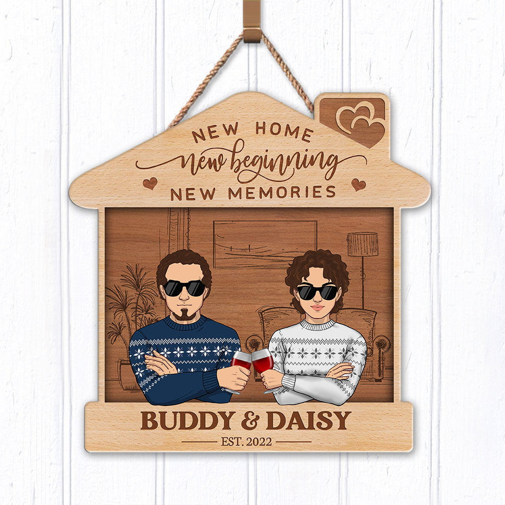 Personalized New Home New Beginning Couple House Shaped Wood Sign, Gift For Family Z
