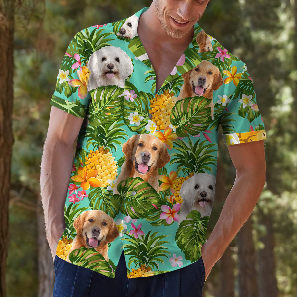 Custom Pet Face Photo Turquoise Hawaiian Shirt, Pineapple Tropical AI