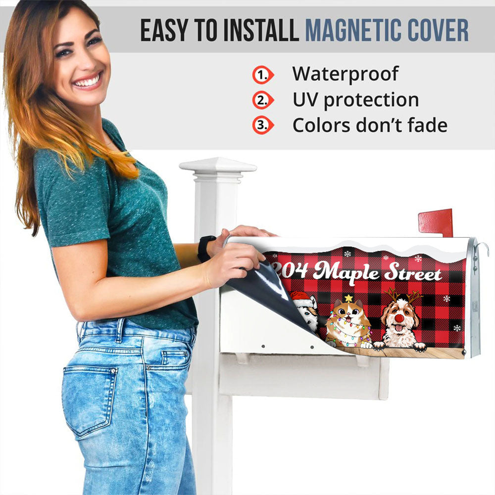 Christmas Dog Cat Buffalo Plaid Address Mailbox Cover, Winter Mailbox AF