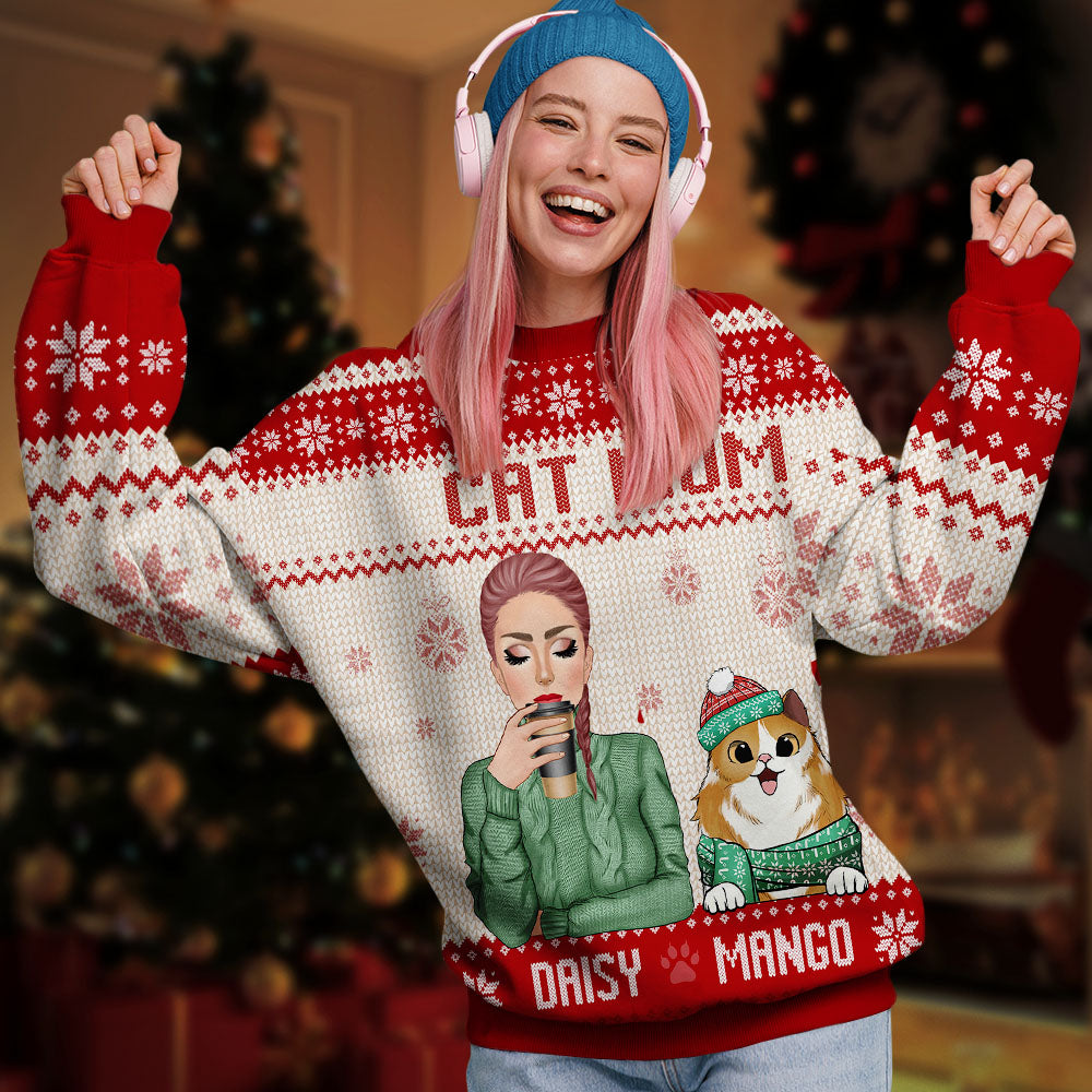 Personalized Cat Mom Ugly Christmas Sweatshirt, Christmas Gift For Cat Lovers AB