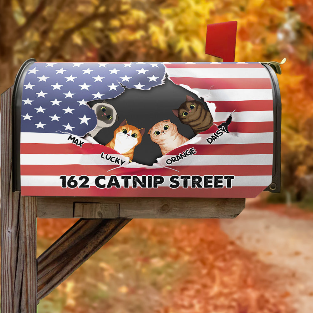 Cats Opened Patriotic Address House Magnetic Mailbox Cover, Personalized Gift For Cat Lovers AF