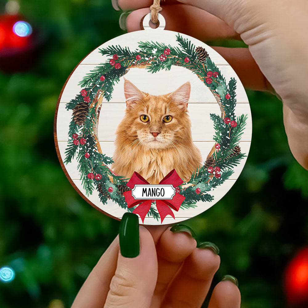 Pet Photo With Name Printed Wood Ornament, Wreath Ornament AE
