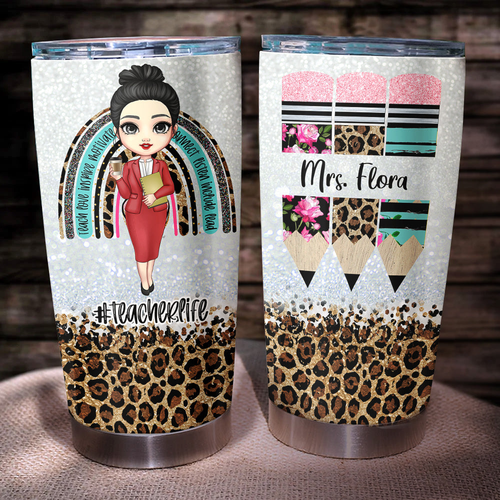 Rainbow Leopard Glitter Teacher Tumbler, Pencil Monogram Tumbler AA