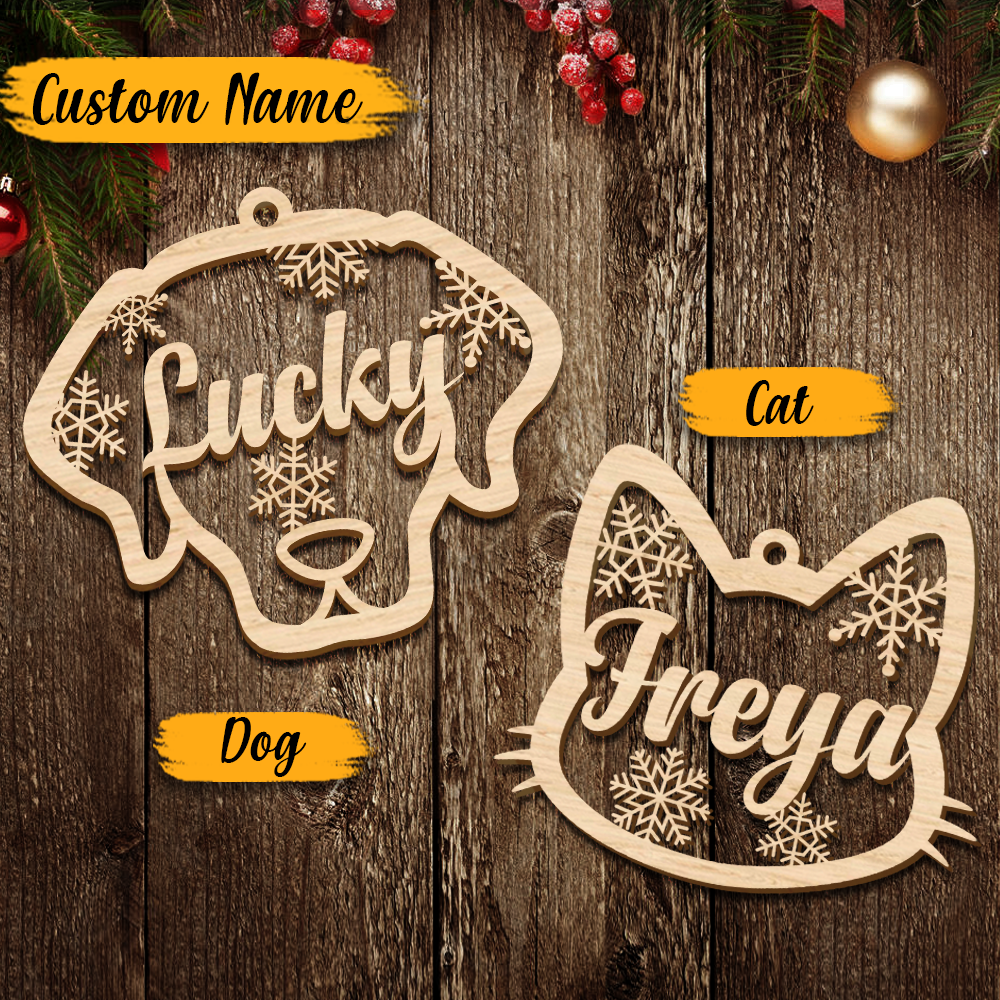 Dog Cat Face With Name Wood Ornament Cutout, Christmas decor AE
