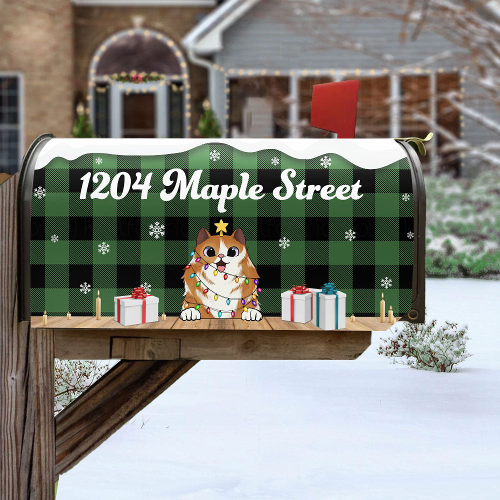 Christmas Dog Cat Buffalo Plaid Address Mailbox Cover, Winter Mailbox AF
