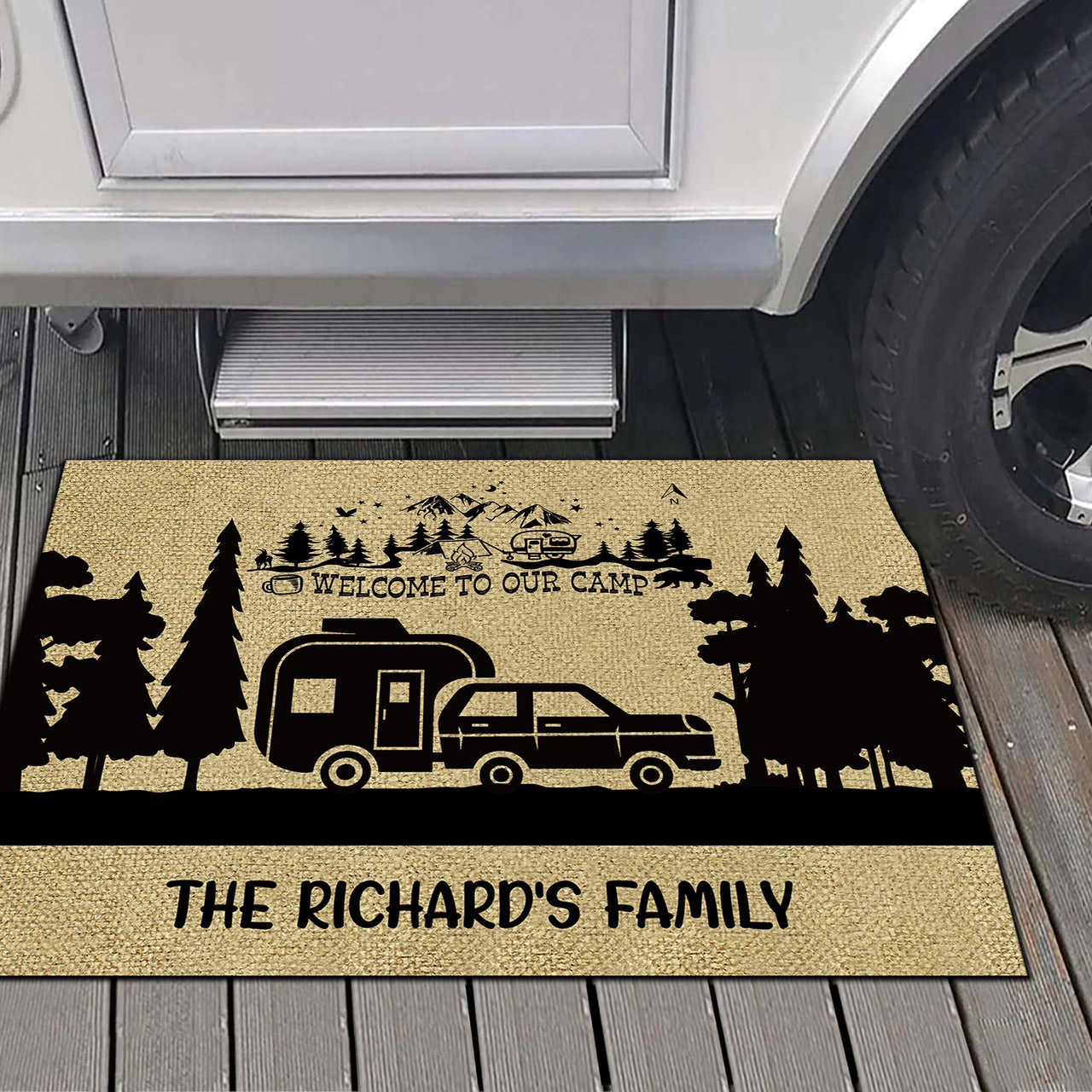 Welcome To Our Camp, Camping Gift, RVs Campers, Family Camping Doormat AB