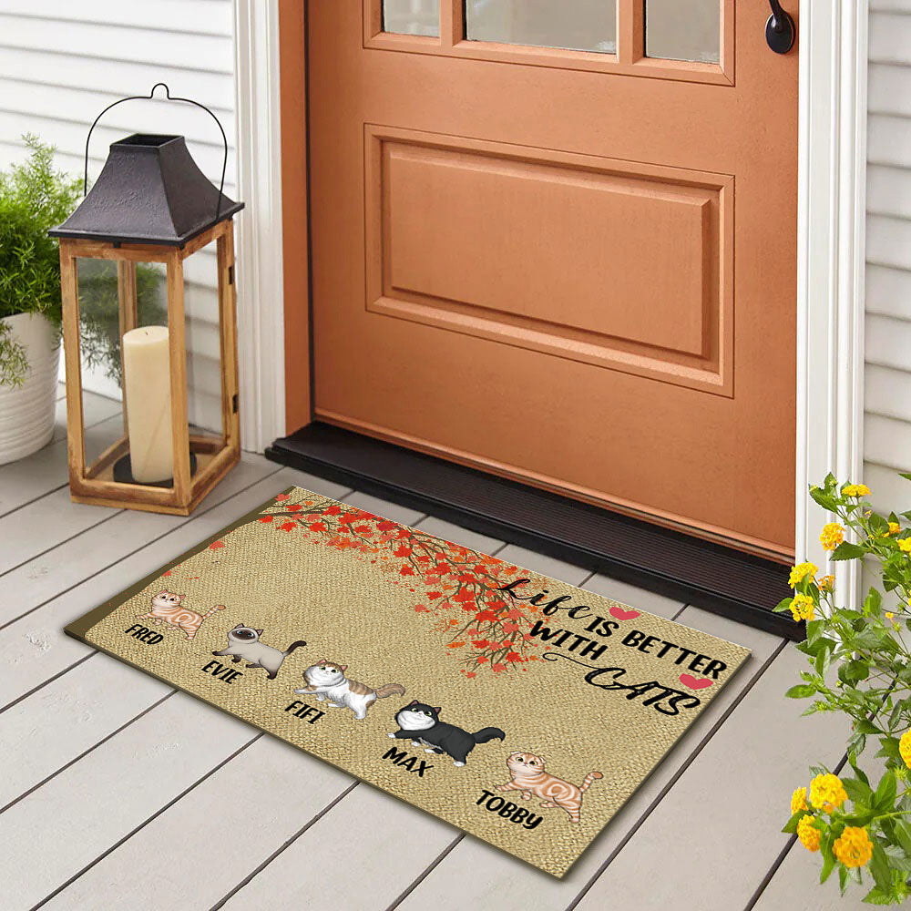 Life Is Better With Cats Falling Leaves - Personalized Cat Doormat AB