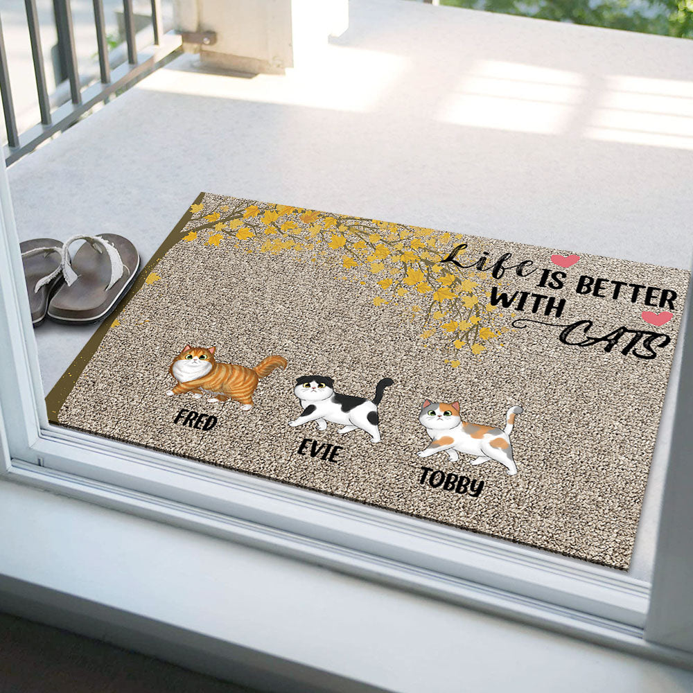 Life Is Better With Cats Falling Leaves - Personalized Cat Doormat AB