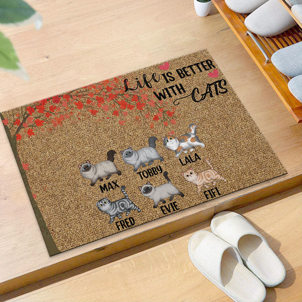 Life Is Better With Cats Falling Leaves - Personalized Cat Doormat AB