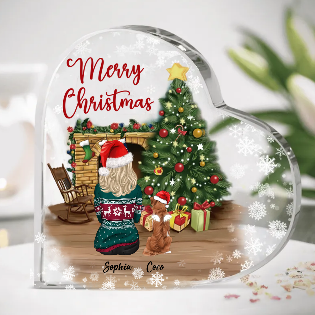 Personalized Girl & Fluffy Dog Heart Acrylic Plaque, Christmas Gift For Dog Lovers AA