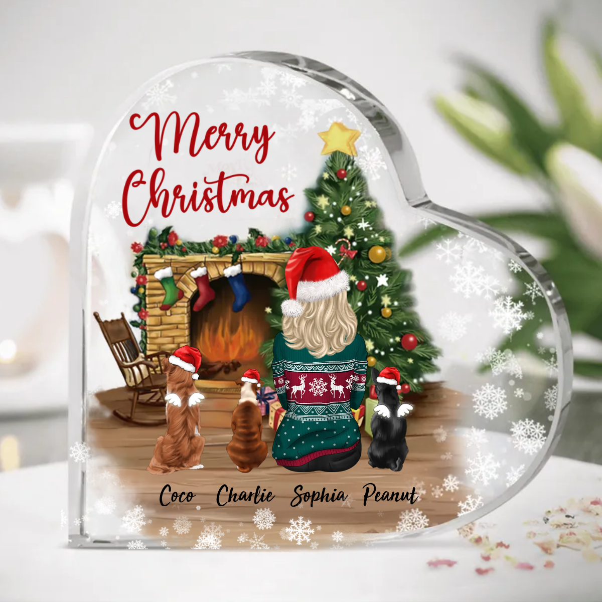 Personalized Girl & Fluffy Dog Heart Acrylic Plaque, Christmas Gift For Dog Lovers AA