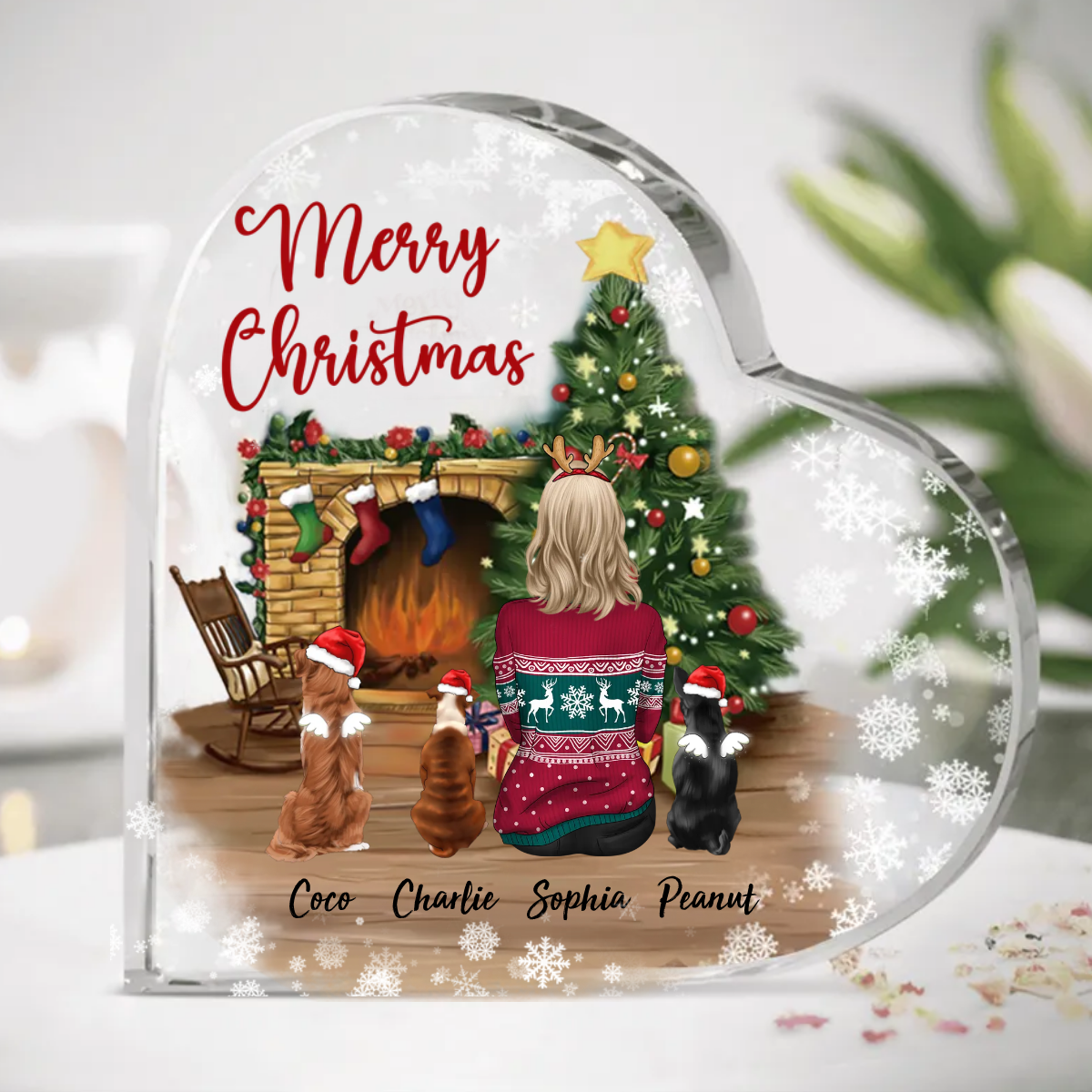 Personalized Girl & Fluffy Dog Heart Acrylic Plaque, Christmas Gift For Dog Lovers AA